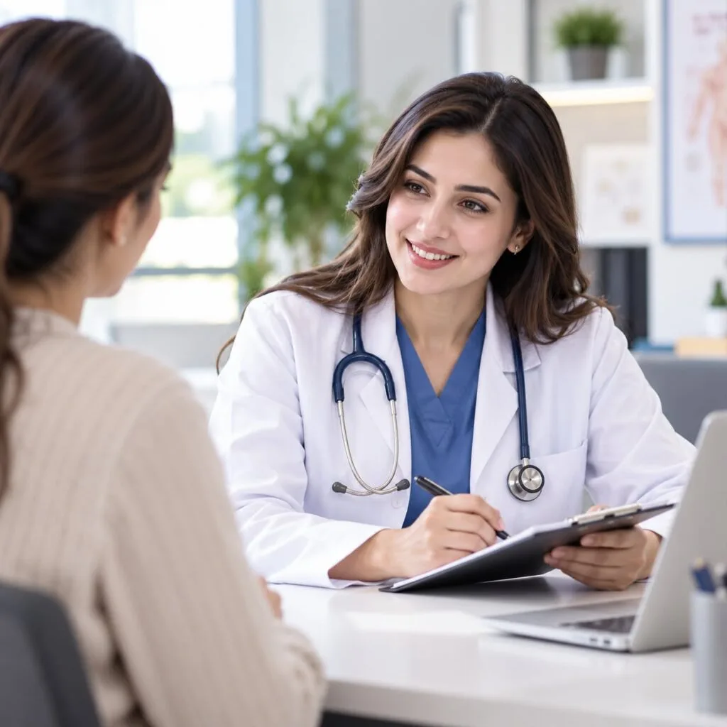A smiling female doctor wearing blue scrubs, a white lab coat, and a stethoscope around her neck, taking notes on a clipboard while seated across a desk from a patient during a medical consultation