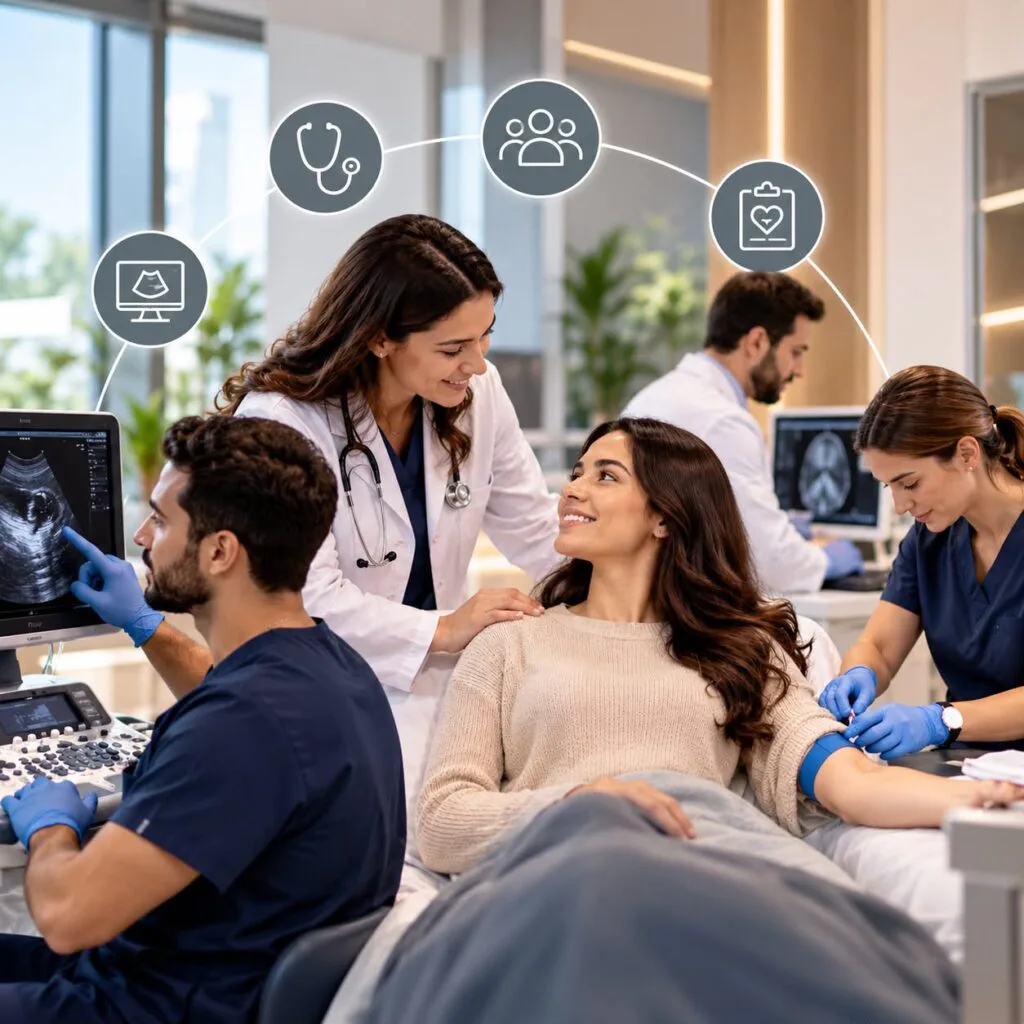 A smiling female patient lying in a clinical bed receiving multi-specialty attention, including a doctor explaining ultrasound diagnostics on a monitor, a nurse drawing blood from her arm, and medical staff analyzing imaging in the background, overlaid with circular healthcare icons
